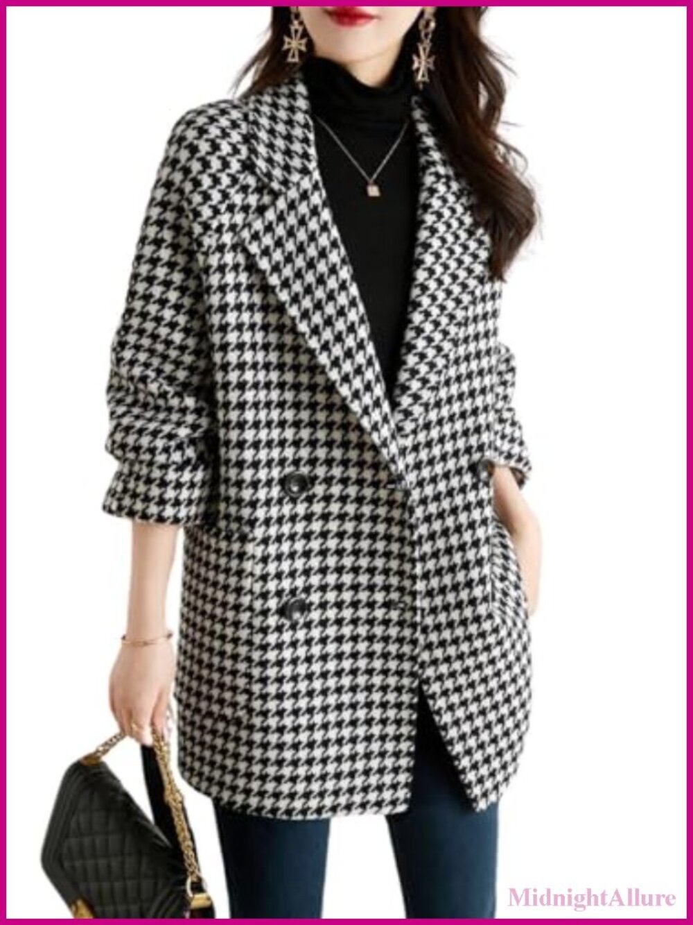 Womens Notched Lapel Pea Coat Double Breasted Blazer Houndstooth Wool Blend